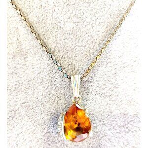 Pear shaped Citrine and Cubic Zirconia Gemstone Pendant Silver Tone Necklace 22"